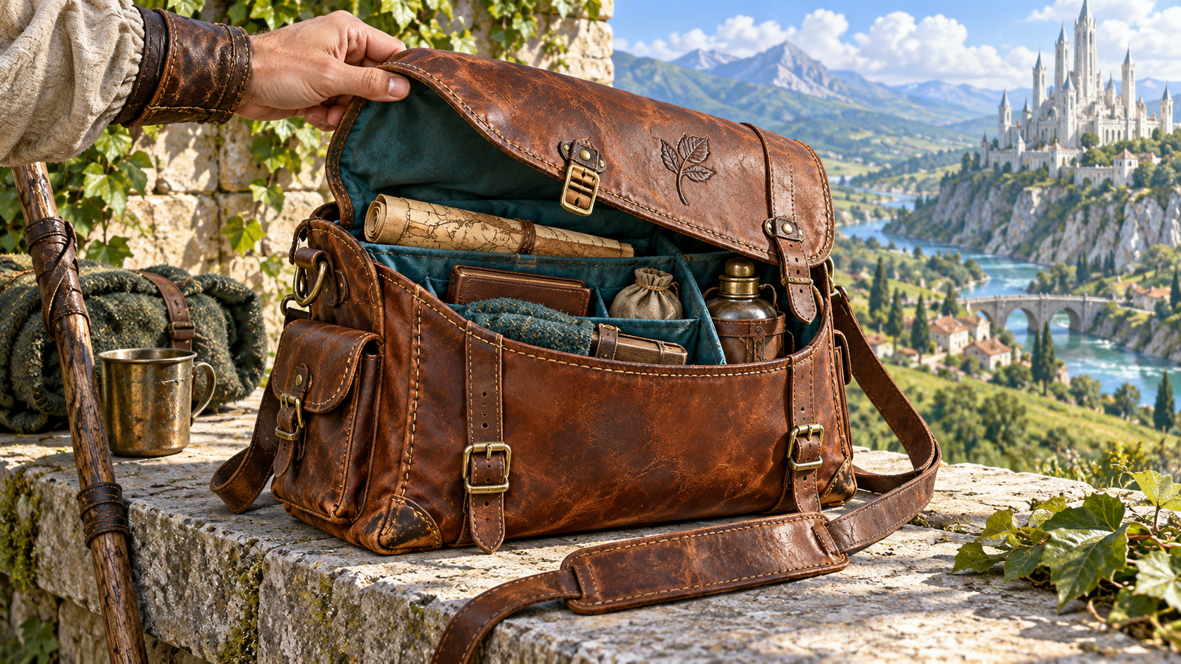 Illustration of an open worn leather traveller satchel with teal compartments map notebook bundle and flask