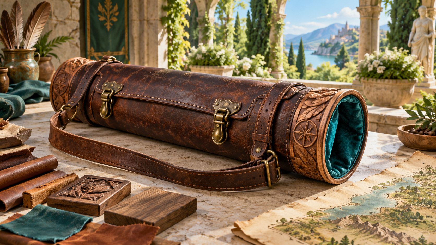 Illustration of a carved wood and worn leather map case with brass buckles teal lining and material samples