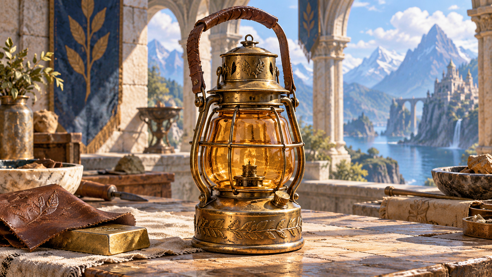 Illustration of an ornate brass lantern with amber glass protective metal cage leaf etching and leather handle