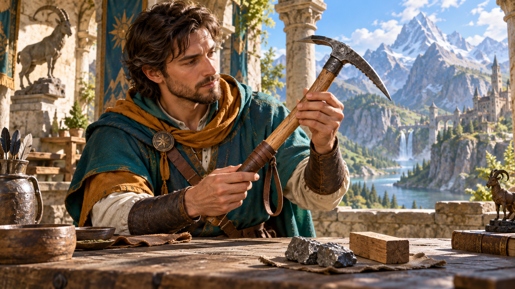 Illustration of an adventurer reviewing a climbing pick with metal head wooden shaft leather grip and wrist strap